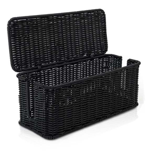 Black Rectangle Cable Management Box Synthetic Rattan Organizer for Routers and Hubs