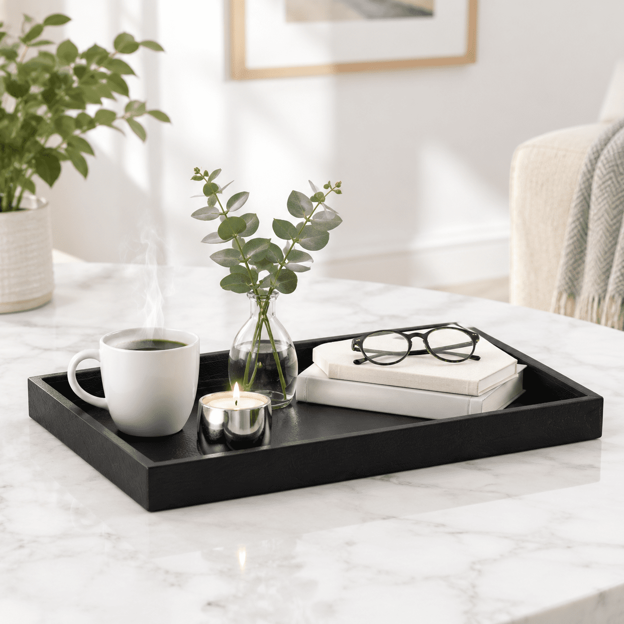Rectanglets Snacks Black Rectangle Leather Serving Tray, 35