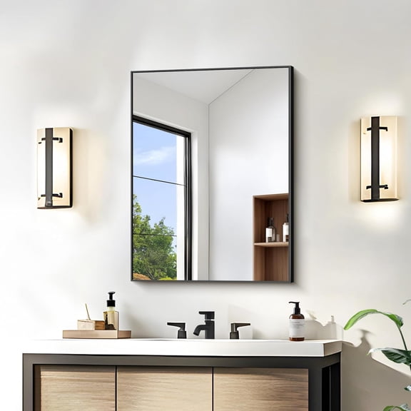 Black Rectangle Mirror 18"L x 24"W Metal Framed Bathroom Vanity Mirror Shatterproof Tempered Glass