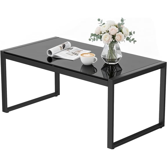 Black Rectangle Tempered Glass Top Coffee Table Galvanized Frame Adjustable Feet For Patio Balcony Deck Living Room