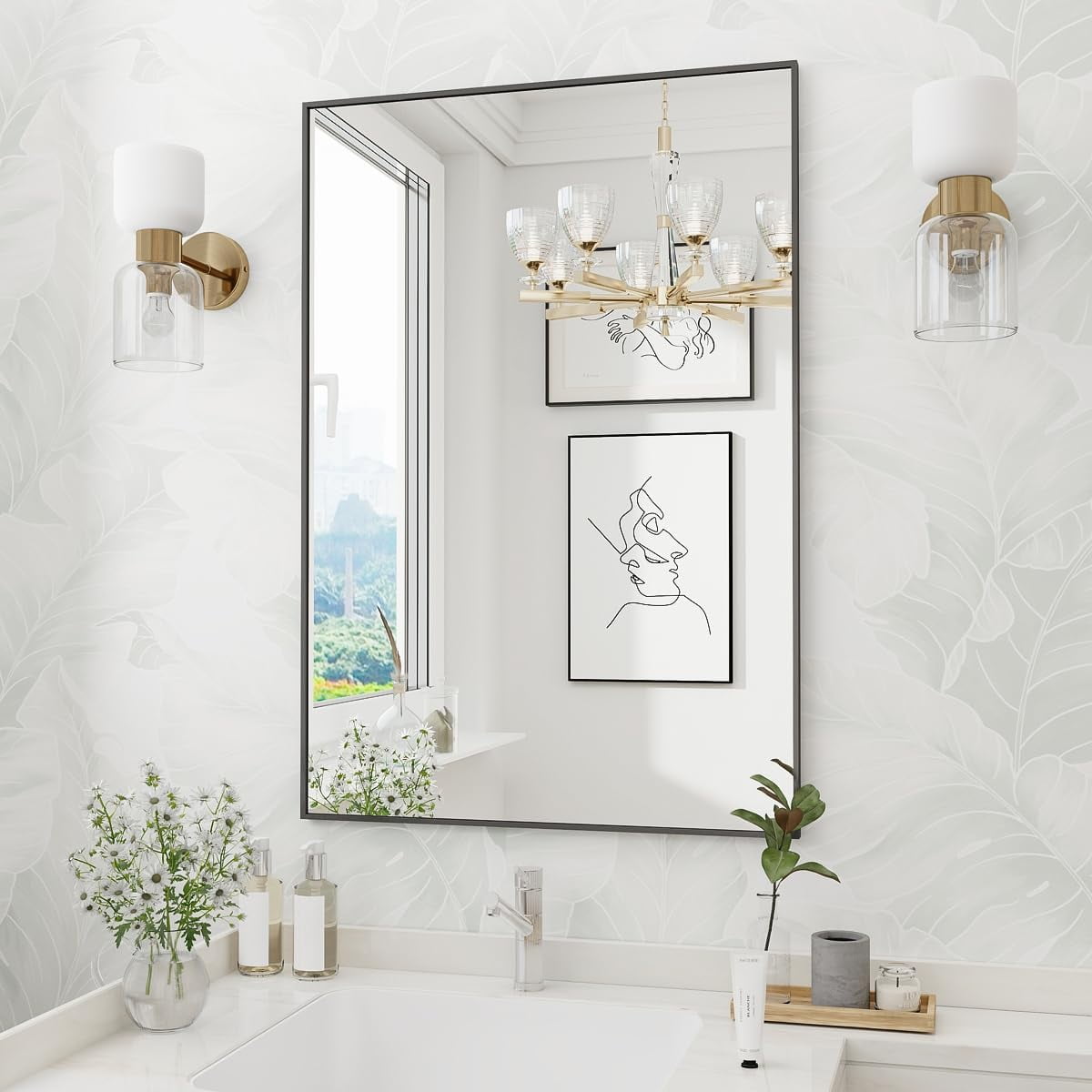 Black Rectangle Wall Mirror, 24x32 Inch Bathroom Mirror, Aluminum Frame ...