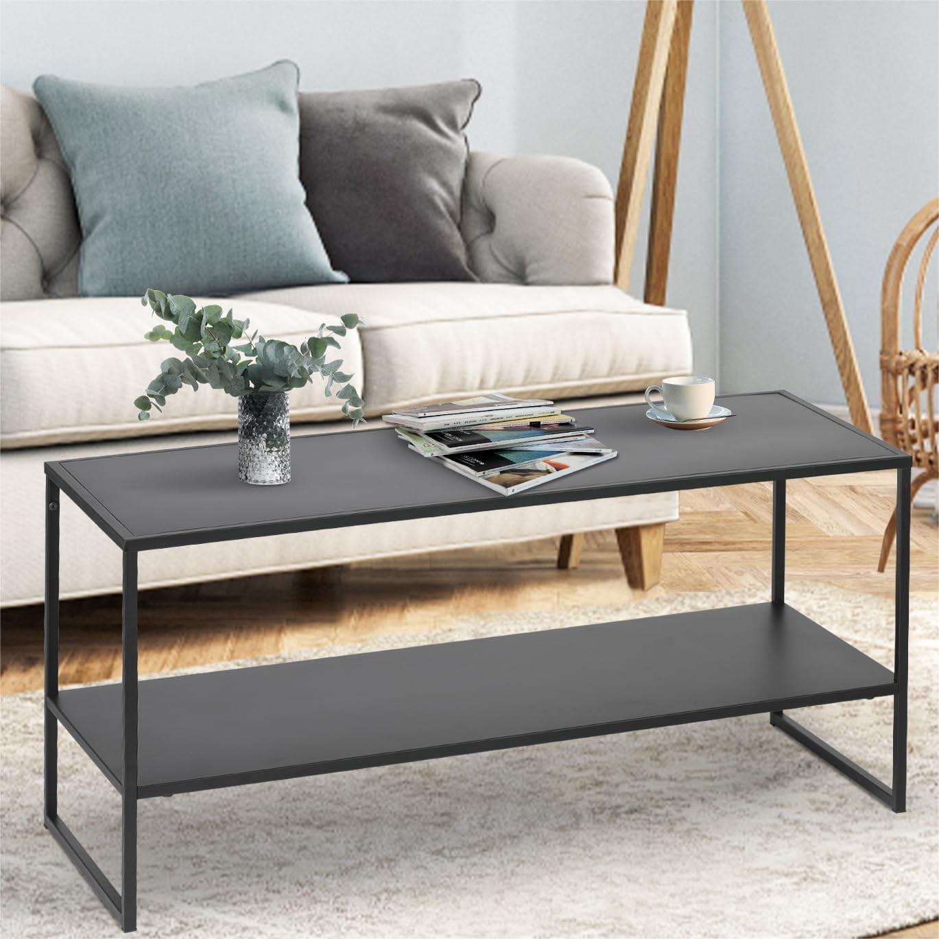 Black Rectangular Coffee Table Modern Industrial Style 2-Tier Living ...