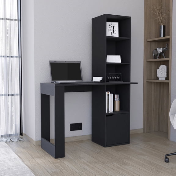 Black Rectangular Computer Desk with Storage | Used in Home Office and Workspace | Made of Engineered Wood | Provides Storage for Personal Belongings