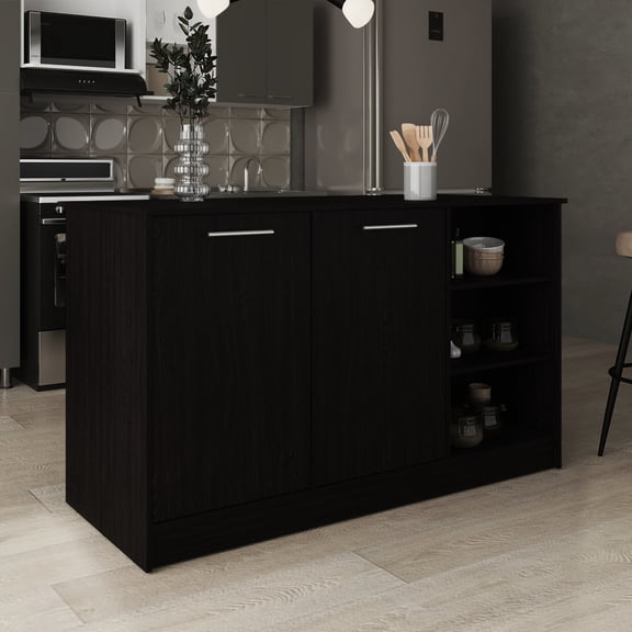Black Rectangular MDF - Four Concealed Shelving Spaces - Kitchen - Comfortable Seating Position