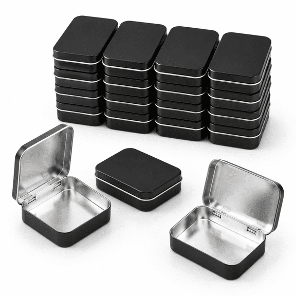 Black Rectangular Metal Hinged Tin Storage Containers, Set of 20