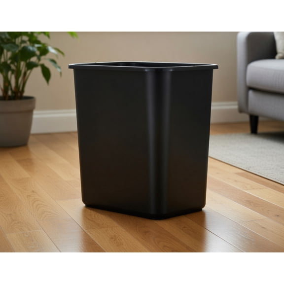 Black Rectangular Plastic Wastebasket - 13 Quart Compact Small Trash Can for Office, Bathroom, Home - Space Saving Sleek Design