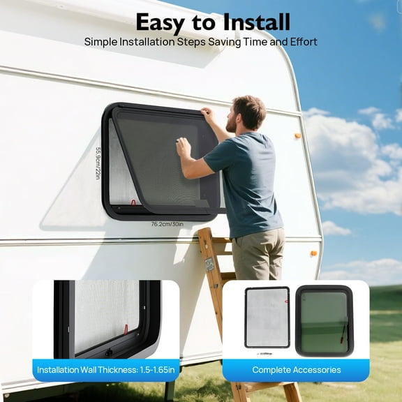 Black Rectangular RV Push Window Tempered Glass, Trouble-Free Installation, Privacy-Protective Fits RVs with R-Angle Openings & 38-42mm Walls