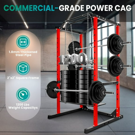Black/Red 1200 LBS Capacity Power Cage Squat Rack, 14 - Hole Black Adjustable Structure, 14.0 SQ.FT Versatile Home Gym Exercise Zone