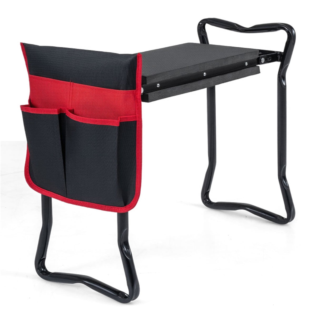 Black Red 2 in 1 Garden Kneeler Folding Stool 300lbs Capacity with Tool Pouch