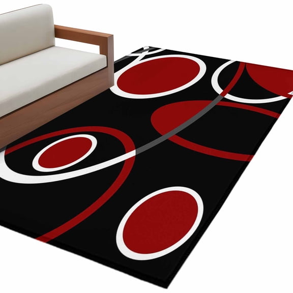 Black Red 3'x5' Washable Rug, White Circle Geometric Abstract Texture Non-Slip Area Rugs for Entryway Kitchen Classroom, Dorm Throw Carpet, Low Pile Soft Indoor Floor Mat