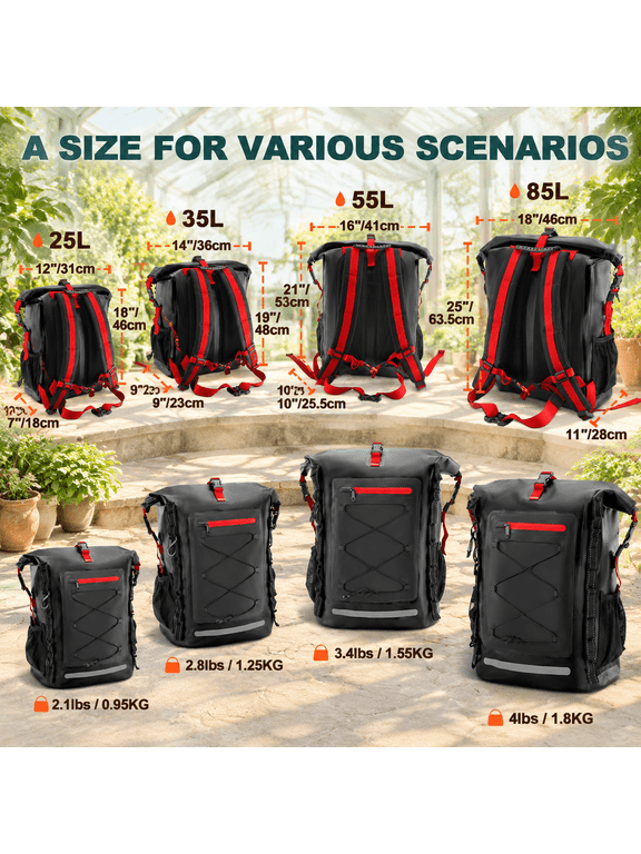 Black Red 55L Waterproof Dry Bag Backpack for Hiking Kayaking Camping Boating