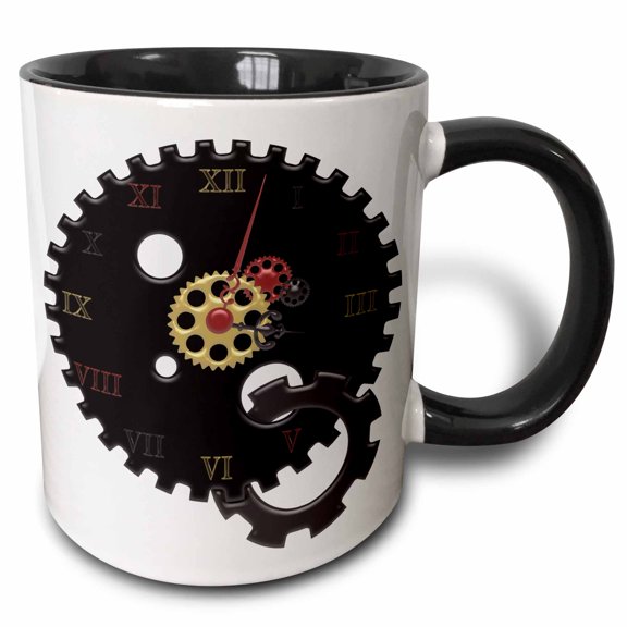 3drose, Black, Red, and Faux Gold Steampunk Cog Clock Illustration, 15oz Two-tone Black Mug