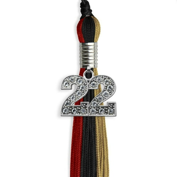 Black/Red/Antique Gold Graduation Tassel with Silver Date Drop