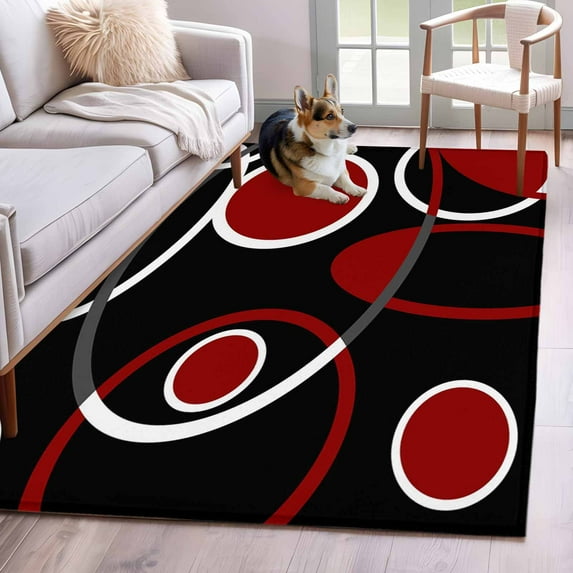 Black Red Area Rug 3x5 Washable Rug Non Slip White Circle Geometric Abstract Texture Large Area Rug Indoor Floor Carpet for Entryway Bedroom Kitchen Living Room Home Office Dining Room Nursery
