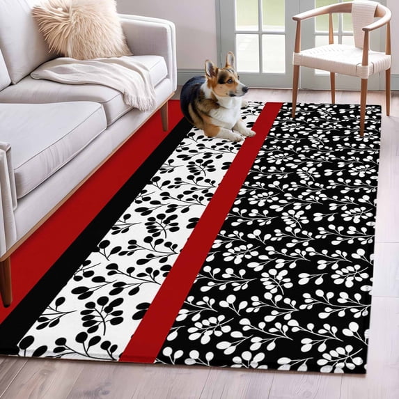 Black Red Area Rug 4x6 Washable Rug Non Slip Garden Floral Stripe Aesthetic Flower Boho Large Area Rug Indoor Floor Carpet for Entryway Bedroom Kitchen Living Room Home Office Dining Room Nursery