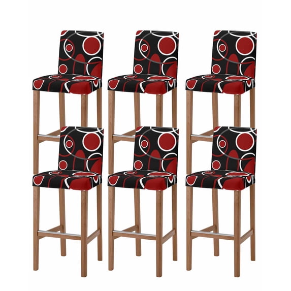 Black Red Bar Stool Covers Set of 6, White Circle Geometric Abstract Texture Stretch Washable Bar Chair Covers with Backs, Removable Pub Counter Height Chair Cover for Kitchen Dining Room Cafe