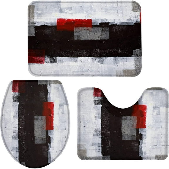 Black Red Bath Rug Set 3 Pieces Toilet Seat Cover/Contour Rug/Pedestal Mat and Toilet Lid Cover Geometric Abstract Art