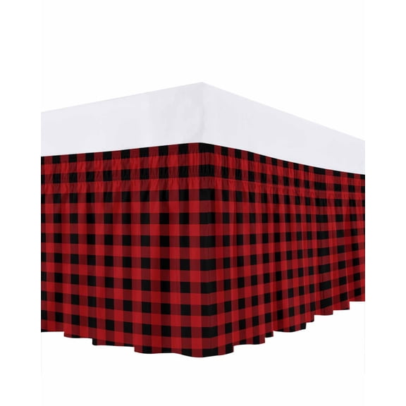 Black Red Bed Skirt Buffalo Plaid Checked Bed Skirts King Size 18 Inch Drop, Wrap Around Dust Ruffle Bedskirt with Adjustable Elastic Belt for Queen Size Beds