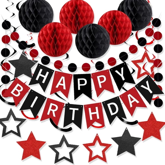FWSA WRAPS Birthday Party Decoration Kit with Banner, Honeycomb Balls, and Streamers, Red, 19 Piece