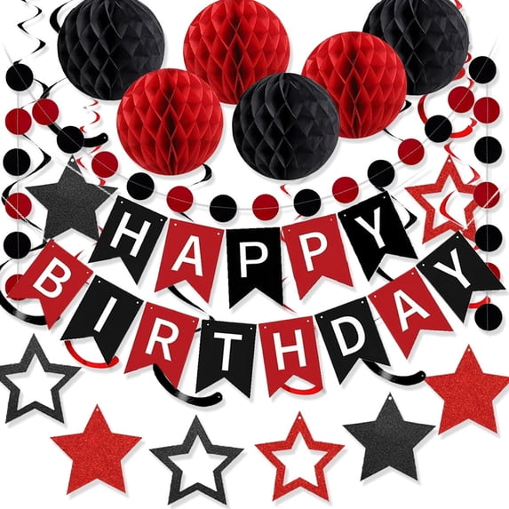 FWSA WRAPS Birthday Party Decoration Kit with Banner, Honeycomb Balls, and Streamers, Red, 19 Piece