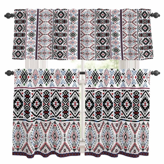 Black Red Blue Southwestern Kitchen Curtains Sets for Windows 24 Inch Length, Modern Geometric Abstract Art Rod Pocket Window Treatments Tier Curtains and Valances Set for Bedroom/Bathroom