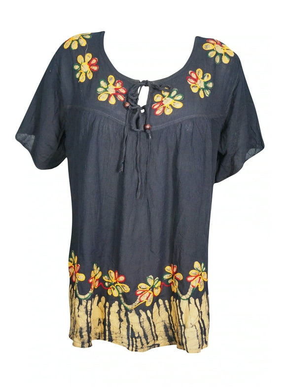 Black Red Boho Tunic Top, Short Sleeves, Summer, Beach, 2XL
