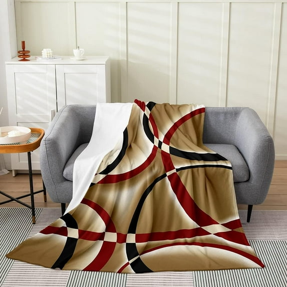 Black Red Brown Abstract Stripes Bed Blanket Kids Girls Geometric Circle Flannel Blanket Soft Cozy Lightweight Modern Retro Plush Fleece Geometric Blanket Gifts for Couch Bed Office Sofa(40x50 Inches)