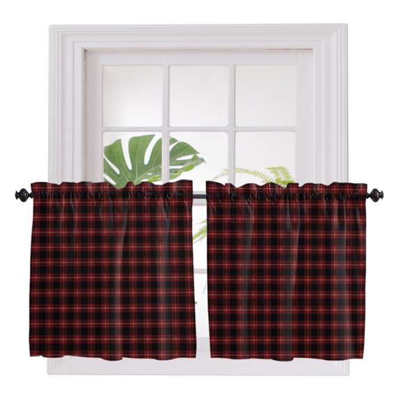 Black Red Buffalo Plaid 2 Panel Kitchen Curtains for Small Windows, Geometric Classic Checkered Bathroom Tier Curtain, Short Window Treatment for Bedroom/Living Room 55"x24"