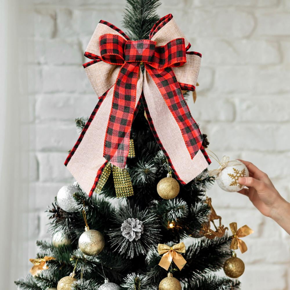 Large Buffalo Plaid Burlap Bow - 13x30 Inches, Red & Black, Rustic Farmhouse Christmas Tree Topper & Decor