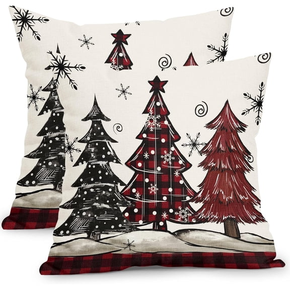 Black and Red Buffalo Plaid Christmas Pillow Covers 18x18 Inch Xmas Theme Tree Snowflake Outdoor Throw Pillows Set of 2 Winter Holiday Pillowcases for Couch Sofa Bed Home Decor