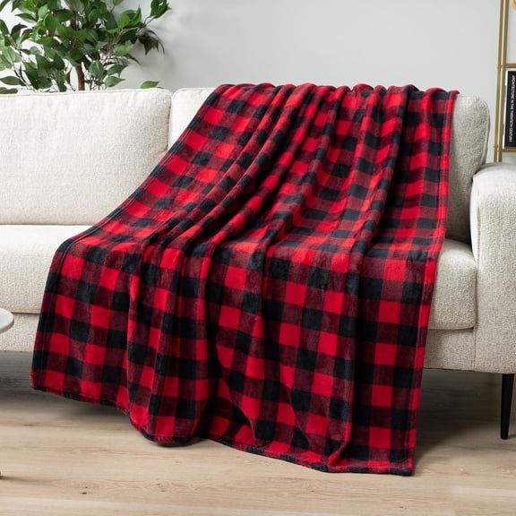 Black and Red Buffalo Plaid Fleece Throw Blanket for Couch, Soft Checkered Flannel Blanket for Sofa, Plaid Christmas Couch Throw Bed, Warm Cozy Decorative Blanket Fall Decor Gift, 60x80