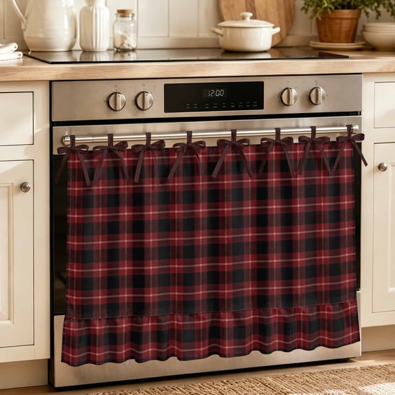 Black Red Buffalo Plaid Oven Skirt for Farmhouse Kitchen Décor, Geometric Classic Checkered Oven Curtain Tie Top Decorative Stove Skirt, Cabinet Dish Washer Curtains with 8 Ribbon Ties 27"x20"