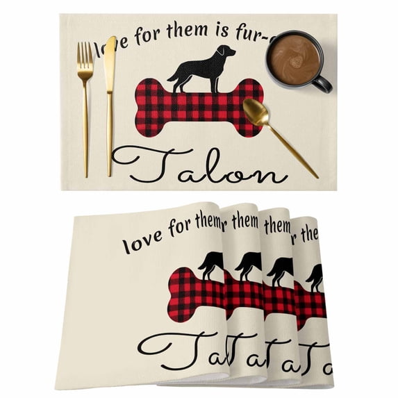 Black Red Buffalo Plaid Placemats Set of 4, Bones Cute Dogs Pets Placemats for Dining Table, Place Mats for Kitchen Tabletop, Waterproof Wipeable Dining Table Mats Set