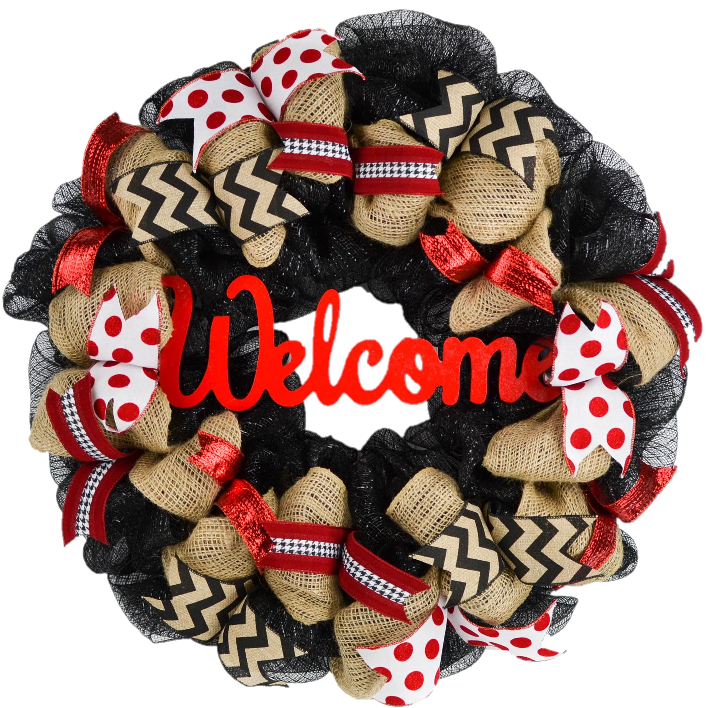 Black Red Burlap Welcome Mesh Outdoor Front Door Wreath - White Chevron