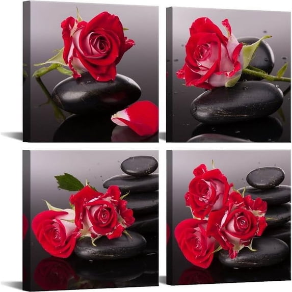 -Black Red Canvas Wall Art Bedroom Stones Zen Wall Decor Rose Pictures Floral Poster print Spa Bathroom Wall Art for Living Room Decoration Kitchen Accessories Room Decor Framed Artwork
