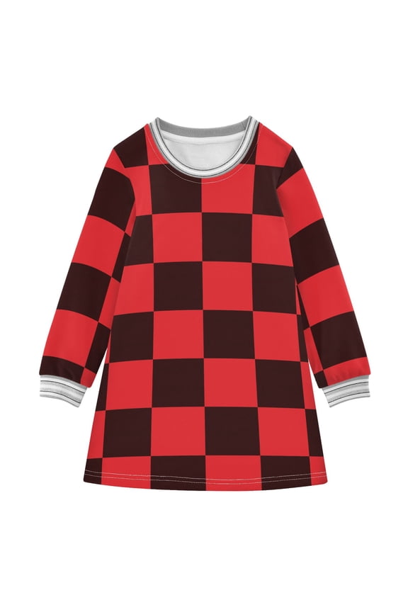 Black Red Checked Pattern Girls'long-sleeved dress Thickened A-dress Warm Dress Basic Shirt Party Dresses