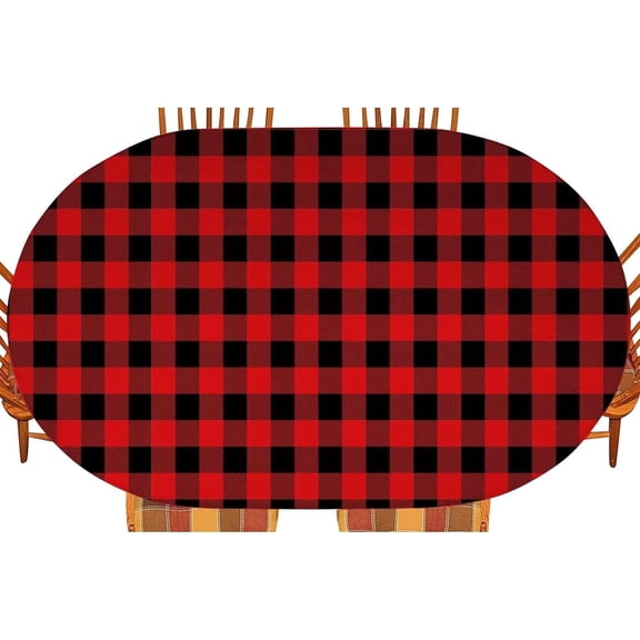 Black Red Checkered Plaid Fitted Tablecloth Oval 48" X 68" Elastic Edge Table Cover, Windproof and Wrinkle-Proof Table Cloths Indoor Restaurant Outdoor Terrace Dining Table Decoration