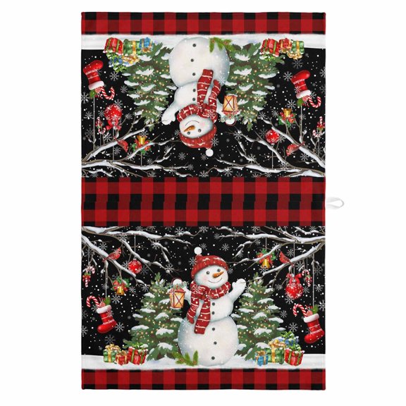 Black Red Christmas 1 Pack Kitchen Towel, Water Absorbent Dish Towel, Snowman Xmas Tree Snowflake Plaid Decorative Hand Towels - Quick Drying Cloth for Cooking Baking, 18x28 Inch