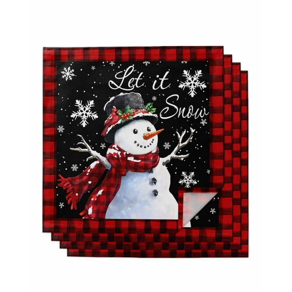 Black Red Christmas Cloth Napkins Set of 4, Xmas Snowman Birds Snowflake Plaid Washable Reusable Dinner Cocktail Napkin for Kitchen Party Wedding Banquet Holiday Baby Shower Table Decor