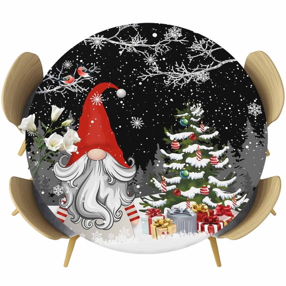 Black Red Christmas Fitted Tablecloth with Elastic Edged, Round Table Cloth for Dining Table, Gnomes Xmas Tree Snowflake Winter Gifts Waterproof Oil Proof Table Cover for Indoor Outdoor 55"-60"
