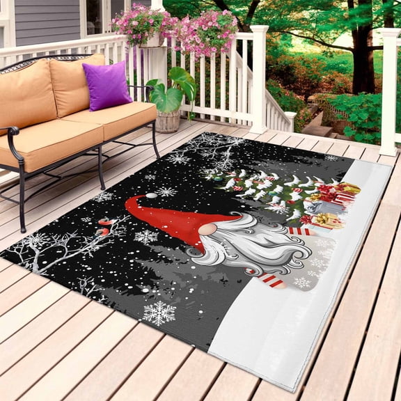 Black Red Christmas Outdoor Rug 5x7 Ft, Non Slip Washable Area Rug, Gnomes Xmas Tree Snowflake Winter Gifts Patio Rugs Carpet Runner, Large Floor Mat for Indoor/Outdoor Deck Porch Camping