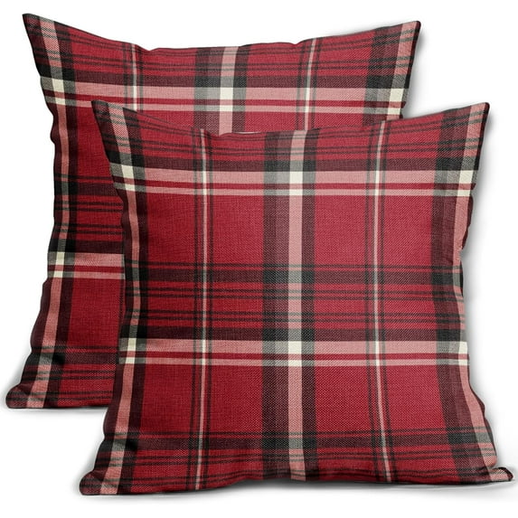 Black Red Christmas Plaid Pillow Covers 16x16 Set of 2 Xmas Buffalo Tartan Print Holiday Decorative Throw Pillows Outdoor Pillowcase Square Linen Farmhouse Cushion Case Decor for Couch Sofa Bed