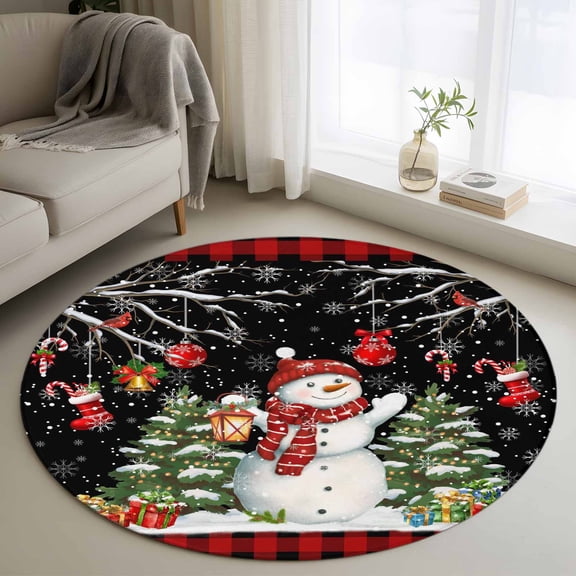 Black Red Christmas Round Area Rug 3Ft Washable Small Circle Rugs for Kitchen Entryway, Snowman Xmas Tree Snowflake Plaid Non-Slip Carpet Floor Mats Indoor Outdoor Carpet Runner Aesthetic Home Decor