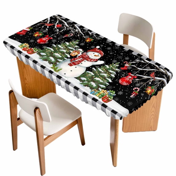Black Red Christmas Table Cloths for 3 Foot Rectangle Tables, Snowman Xmas Tree Snowflake Gifts Ball Patio Waterproof Elastic Fitted Tablecloths, Washable Rectangular Table Cover for Camping