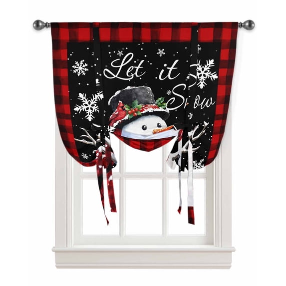 Black Red Christmas Tie Up Curtains for Window, Xmas Snowman Birds Snowflake Plaid Thermal Insulted Balloon Shade Adjustable Rod Pocket Curtains Valance Panels for Kitchen Bathroom Café 34 x 45