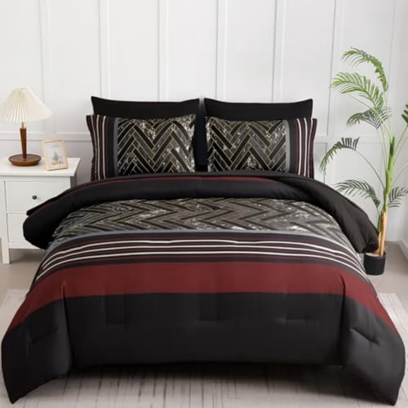 Black and Red Comforter Set King Size 7 Pieces Stripe Geometric Bed in a Bag Marble Comforter and Sheet Set Soft Microfiber Complete Bedding Sets for All Seasons