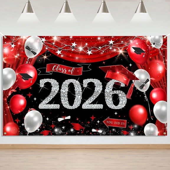 Black Red Congrats Grad Backdrop bachelor Cap Balloon Class of 2026 Graduation Background Congratulate Graduate Party Decorations Banner Photo Booth Props