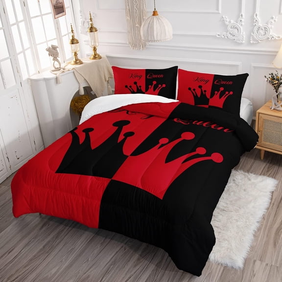 Black and Red Crown Queen Comforter Set, Mr Mrs Comforter for Couple, Valentine's Day Wedding Themed Bedding Set, His and Hers Bed, Quilt and Pillowcases Bedroom Decor
