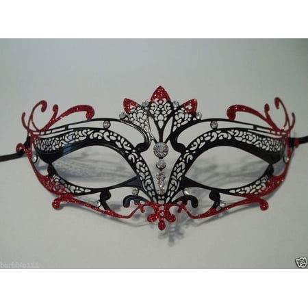 Black Red Crystal Tiara Laser Cut Venetian Mask Masquerade Prom Metal Filigree