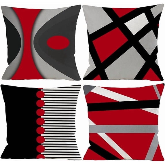 Black Red Decorative Throw Pillow Covers for Sofa, Living Room Pillow Cases for Couch Red Black,Outdoor Linen Geometric Square Cushion Covers with Zipper for Home Front Porch Bedroom Decor 20x20